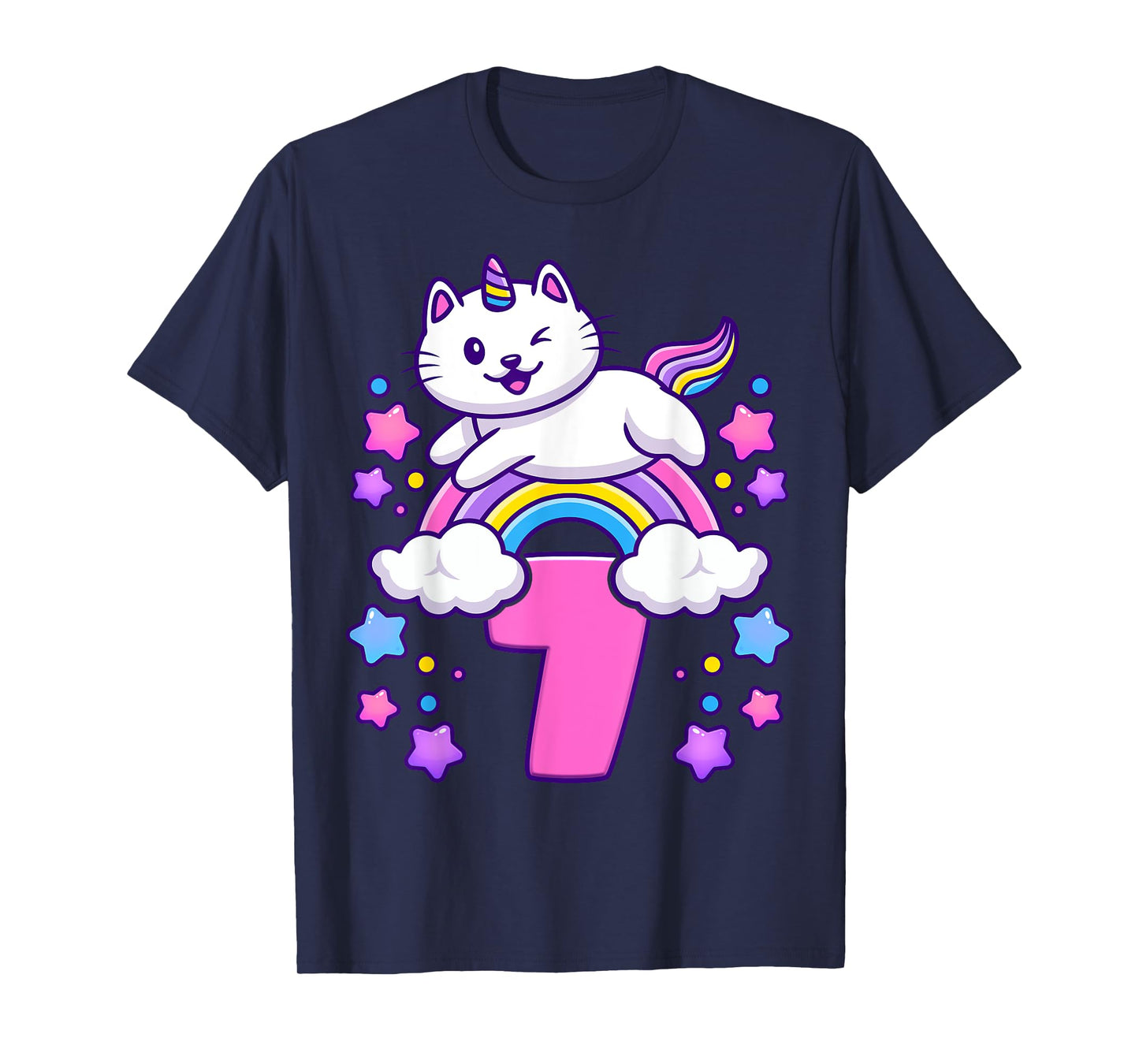 Birthday girl 7 years old, cat, unicorn, 7th birthday T-Shirt