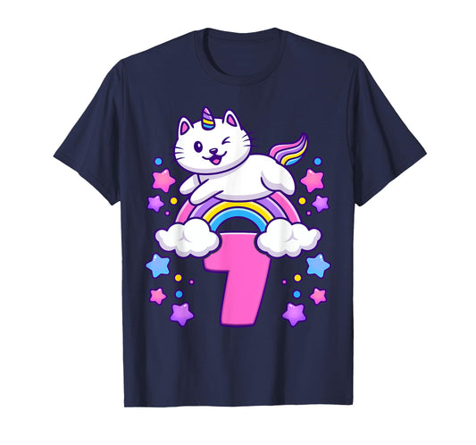 Birthday girl 7 years old, cat, unicorn, 7th birthday T-Shirt