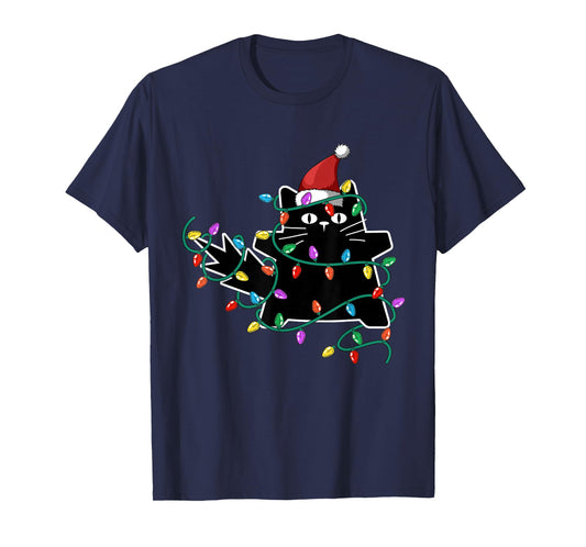 Black Cat Christmas Tree Lights Funny Santa Kitten T-Shirt