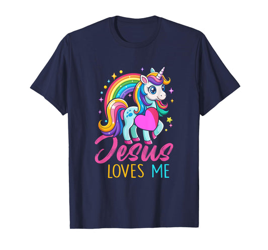 Kids Jesus Loves Me Christian Bible Girls Rainbow Unicorn T-Shirt