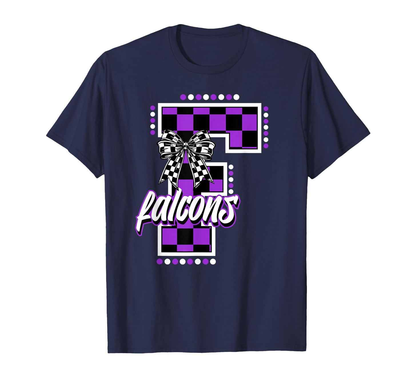 Falcons Checkered Letter School Spirit Mascot Purple Bow T-Shirt
