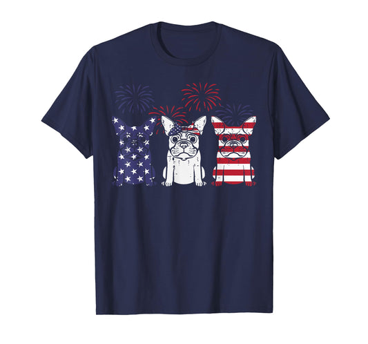 3 US Flag French Bulldogs 4th Of July Patriotic Frenchie Dog T-Shirt
