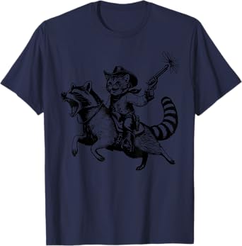 Vintage 90s Cowboy Cat Riding Raccoon Funny Western Country T-Shirt