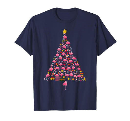 Funny Flamingo Christmas Tree Ornithologist Xmas Women Men T-Shirt