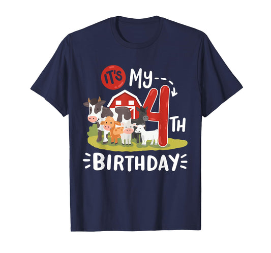 Farm Animals Its My 4th Birthday Bday Party 4 Years Old Kids T-Shirt