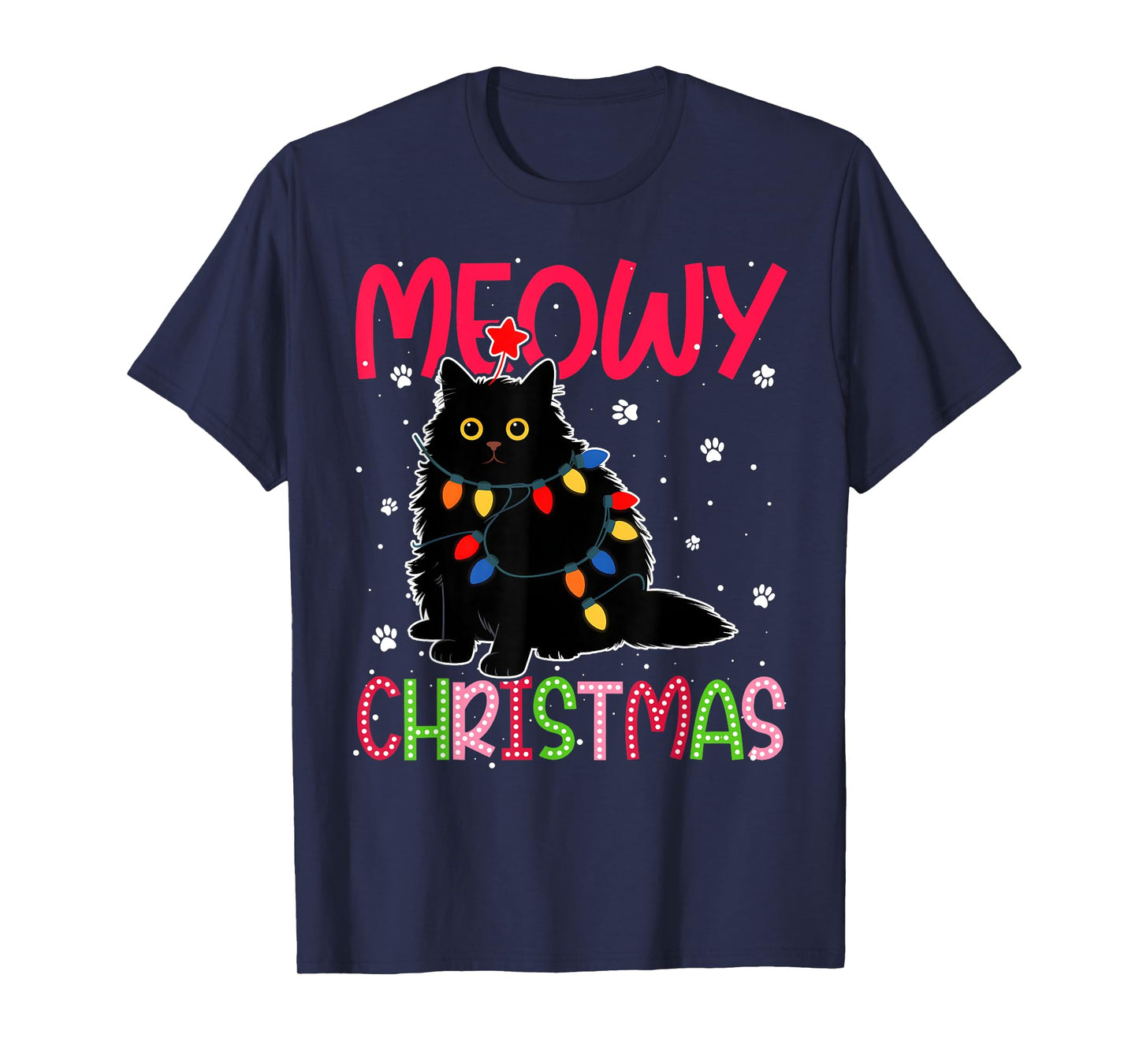 Meowy Christmas Xmas Lights Black Cat Pajamas Family Funny T-Shirt