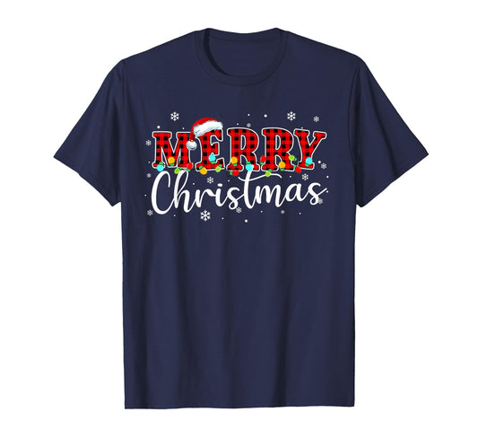 Merry Christmas Buffalo Plaid Red Santa Hat Xmas Pajamas T-Shirt