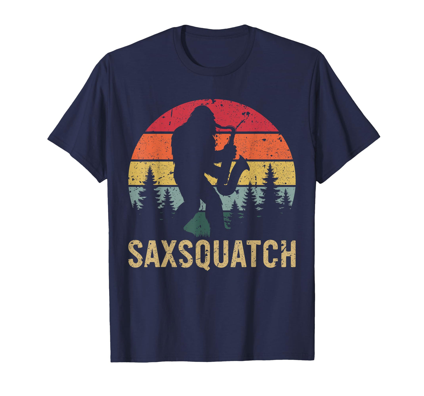 SaxSquatch Retro Sunset Yeti Bigfoot Saxophone Music Forest T-Shirt