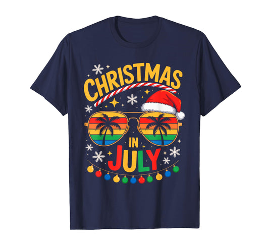 Santa Claus Hat Sunglasses Beach Outfit Christmas in July T-Shirt