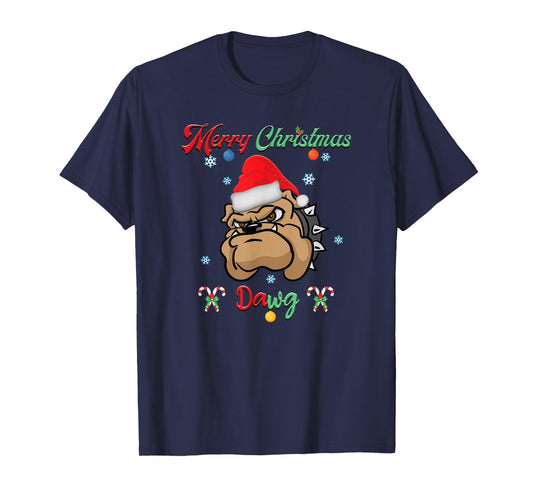 Merry Christmas Dawg Bulldog Santa Hat Xmas Winter Snowflake T-Shirt for Men Women Kids