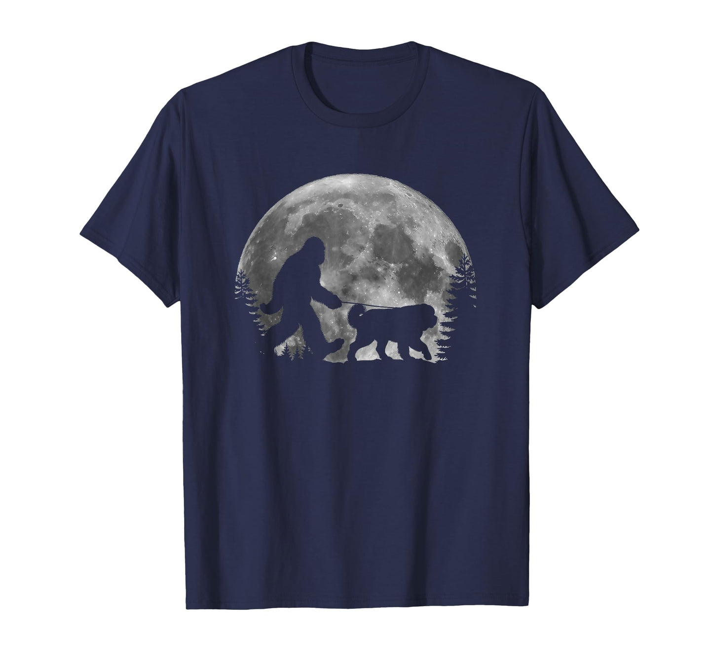 Bigfoot Walking a Dog Funny St. Bernard Lover Moon Halloween T-Shirt for Men Women Kids
