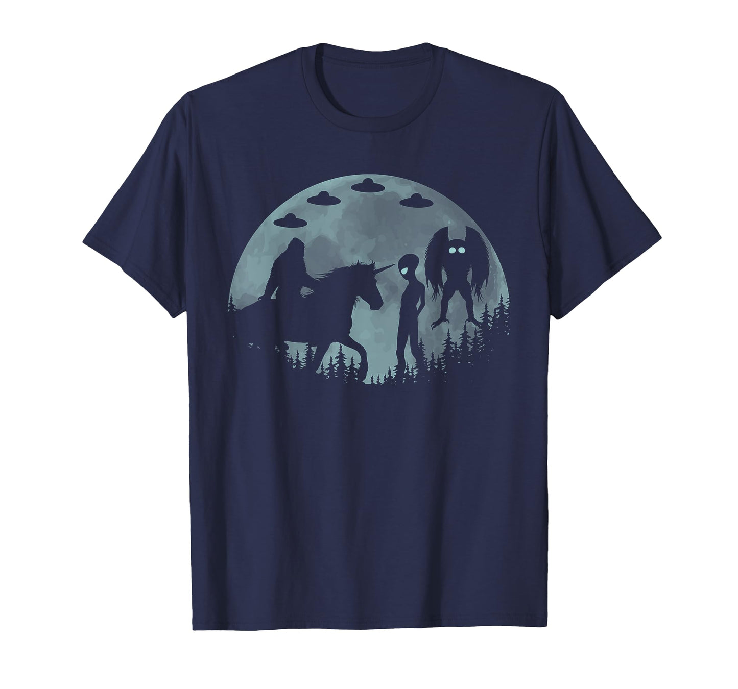Bigfoot Riding Unicorn Funny Sasquatch Ufo Mothman And Alien T-Shirt