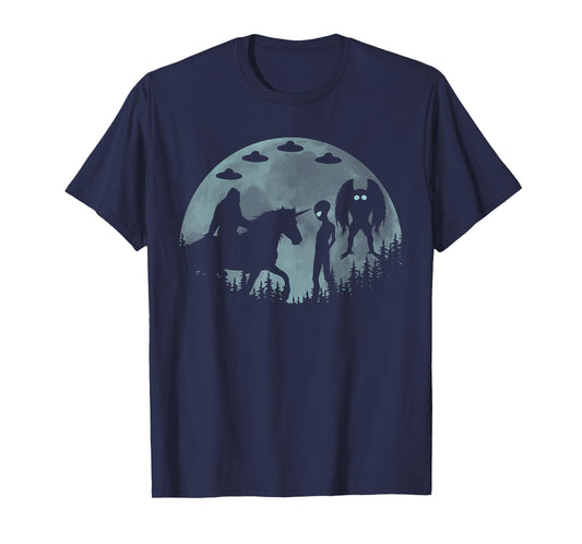 Bigfoot Riding Unicorn Funny Sasquatch Ufo Mothman And Alien T-Shirt