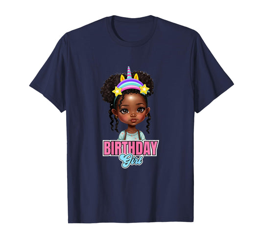 Kids Black Girl Birthday Melanin Kids Afro Puff Unicorn Girl T-Shirt