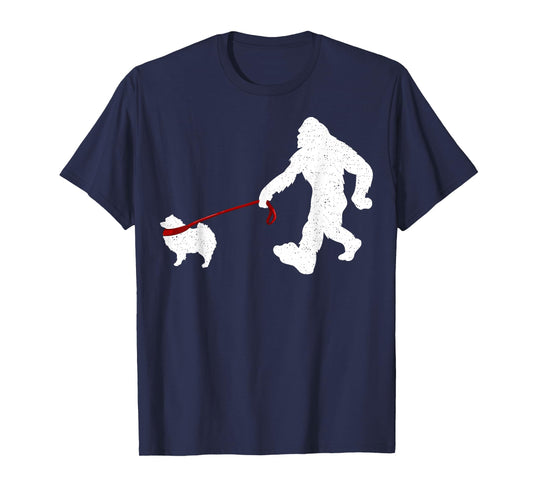 Funny Bigfoot Walking With Keeshond Dog Gifts T-Shirt