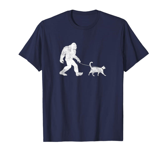 Funny Bigfoot Walking a Cat T-Shirt Sasquatch Yeti Cat T-Shirt