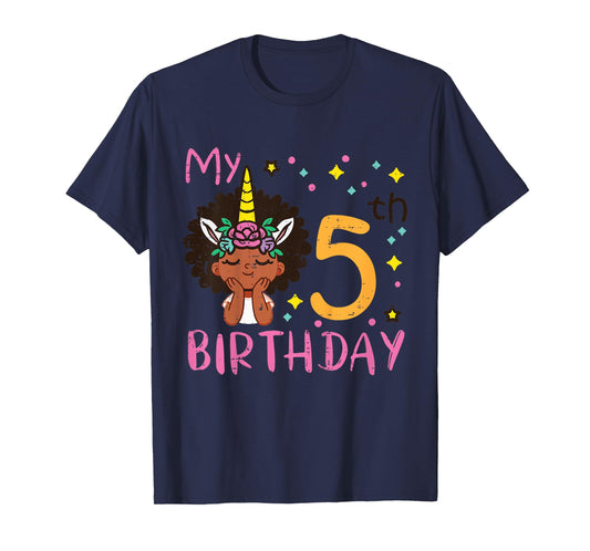 5th Birthday Afro Black Girl Unicorn 5 Year Old Bday Girls T-Shirt