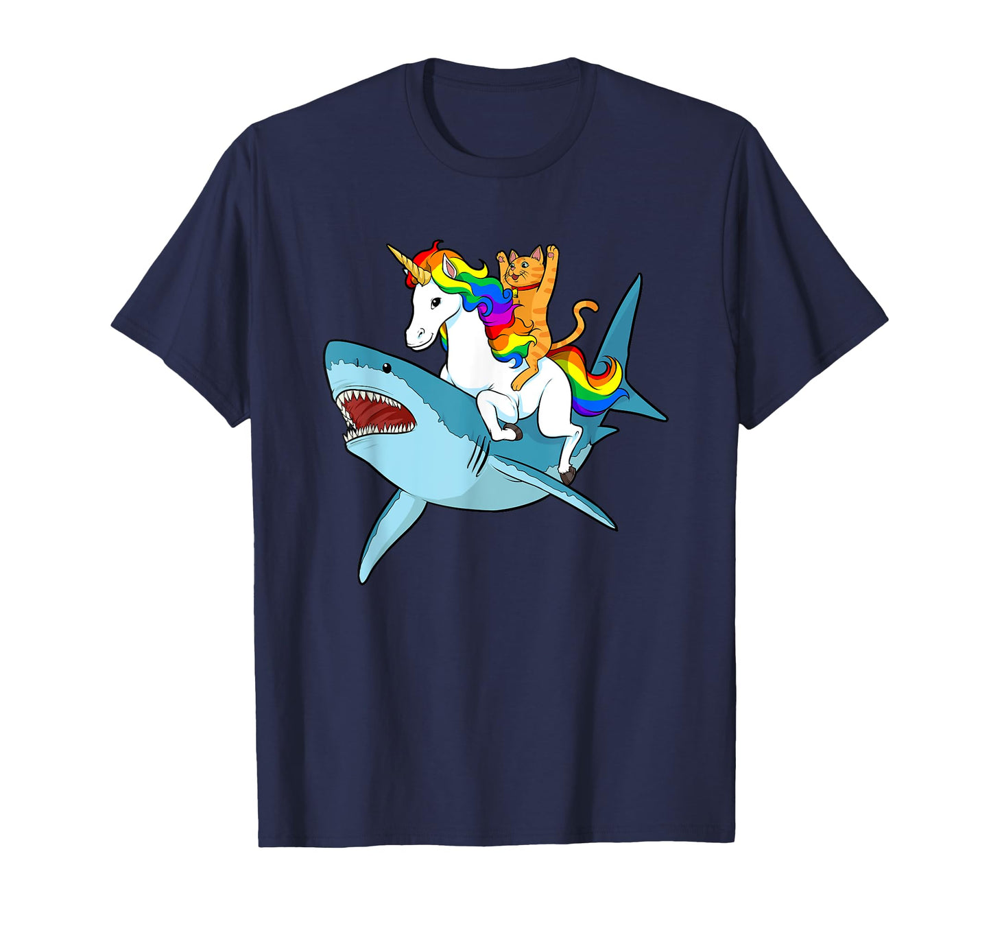 Cat Riding Unicorn Riding Shark Design T-Shirt