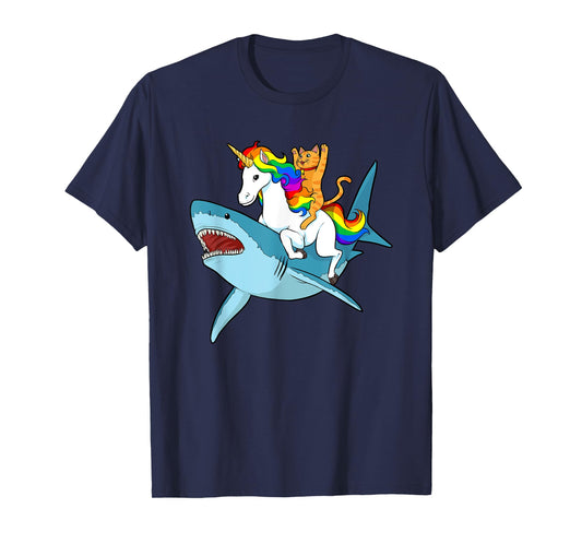 Cat Riding Unicorn Riding Shark Design T-Shirt