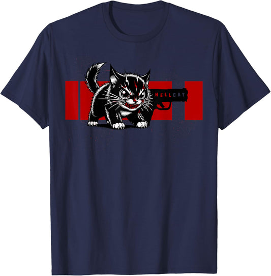 Hellcat Retro T-Shirt, Unisex-Adults, Blue, Small, Short Sleeve