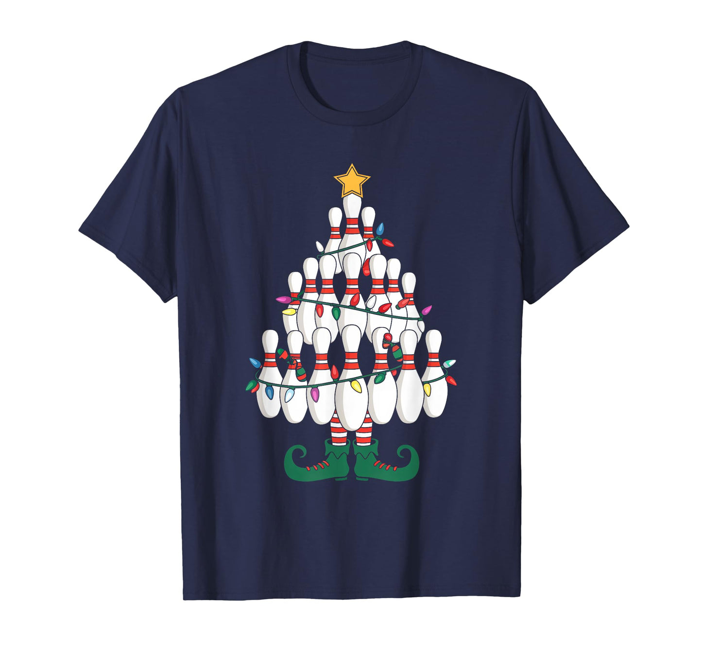 Bowling Elves Pin Strike Christmas Tree Lights Xmas Party T-Shirt