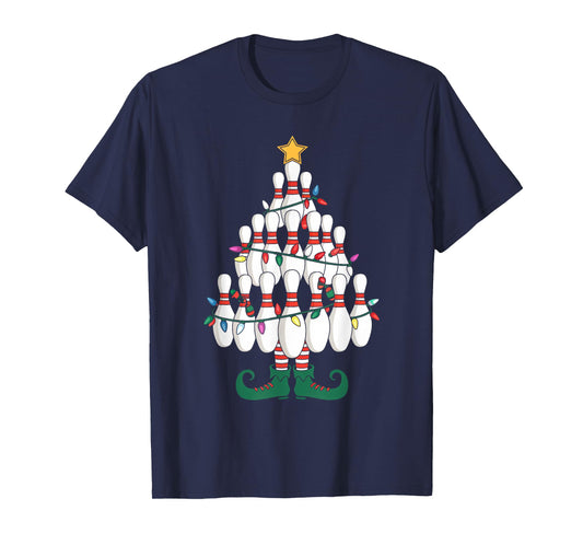 Bowling Elves Pin Strike Christmas Tree Lights Xmas Party T-Shirt
