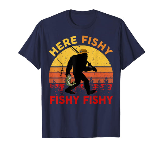 Here-Fishy Sasquatch Funny Bass Dad Toddler Bigfoot Fishing T-Shirt