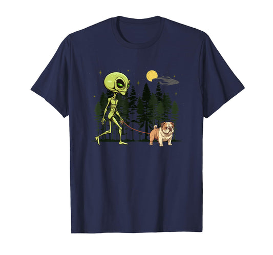 Funny English Bulldog Alien Walking UFO Pet Dog Mom Dad T-Shirt