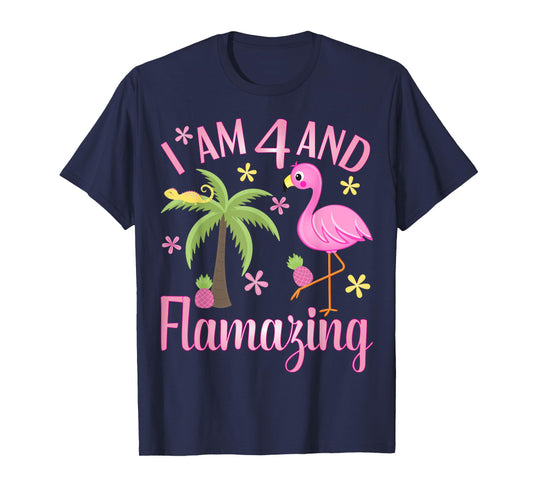 I Am 4 And Flamazing Shirt 4th Birthday Flamingo Lover Gift T-Shirt