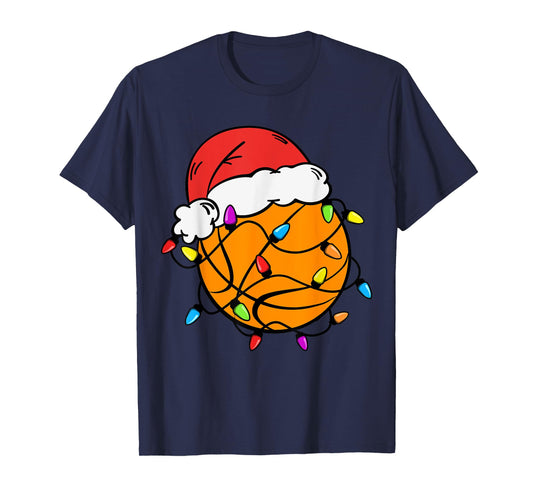 Basketball Santa Claus Hat Christmas Light Xmas Boys Kids T-Shirt