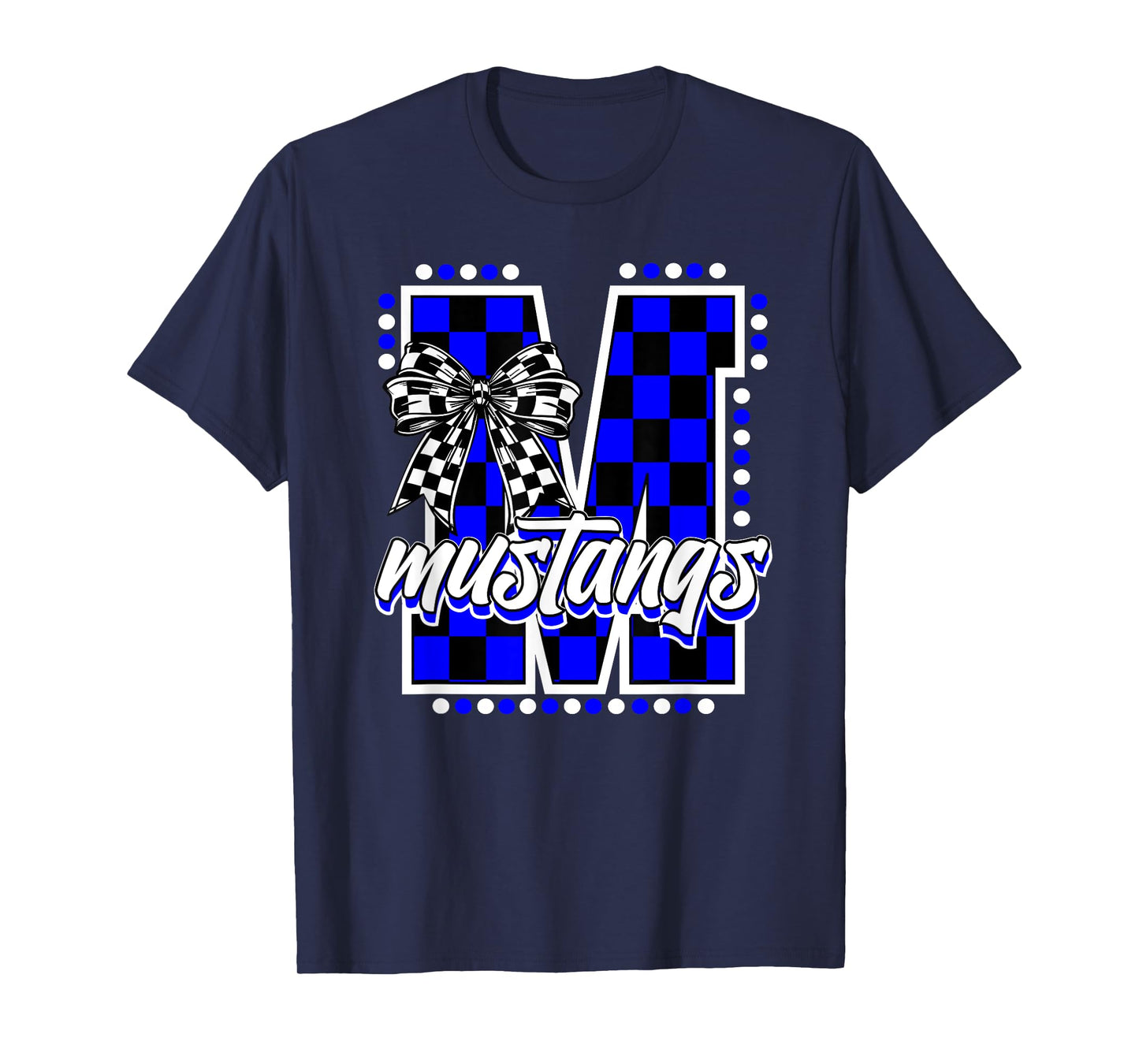 Blue Mustangs Checkered Print Coquette Bow School Mascot T-Shirt