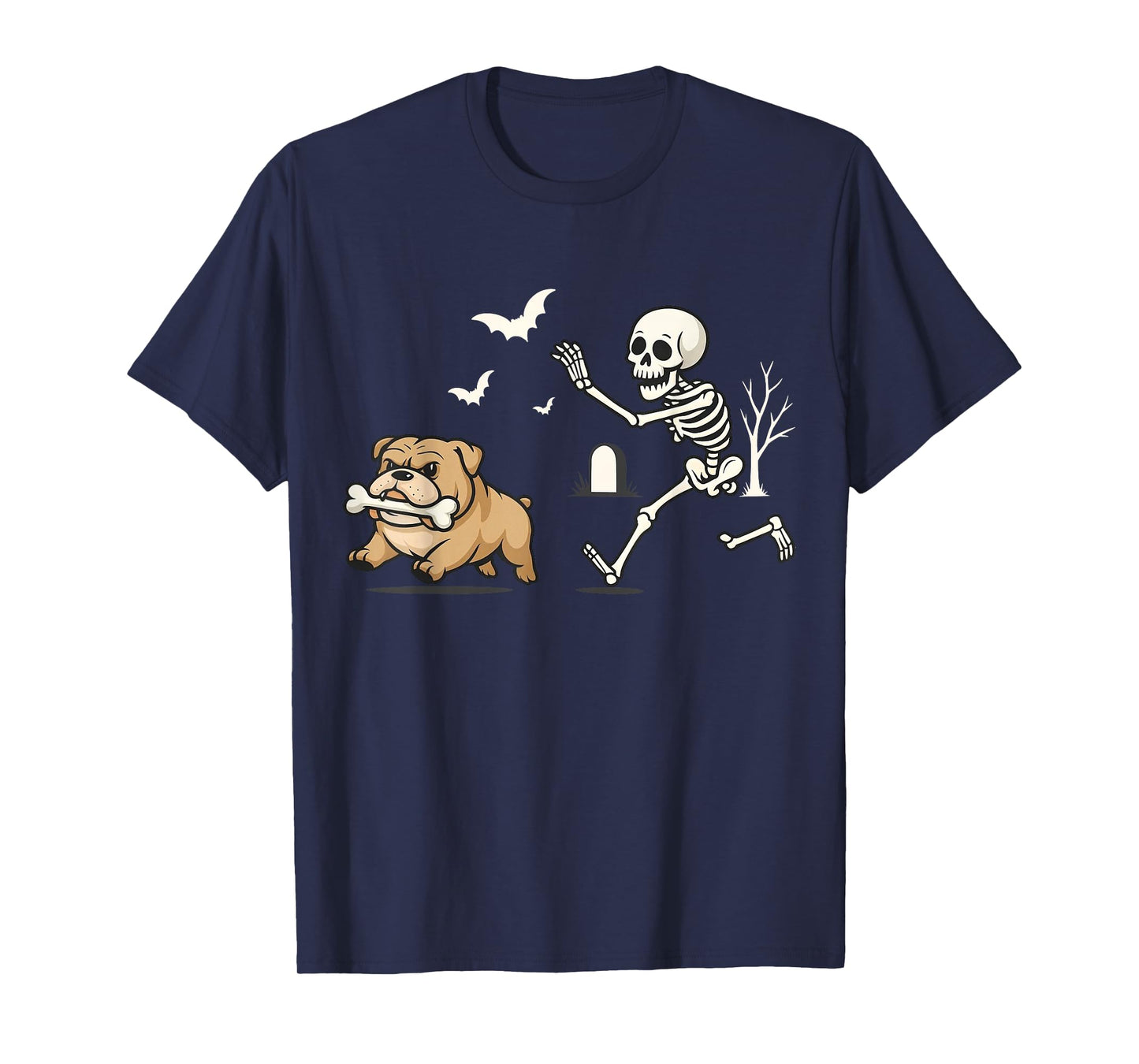 Funny Skeleton Chasing French Bulldog Halloween Skeleton Dog T-Shirt