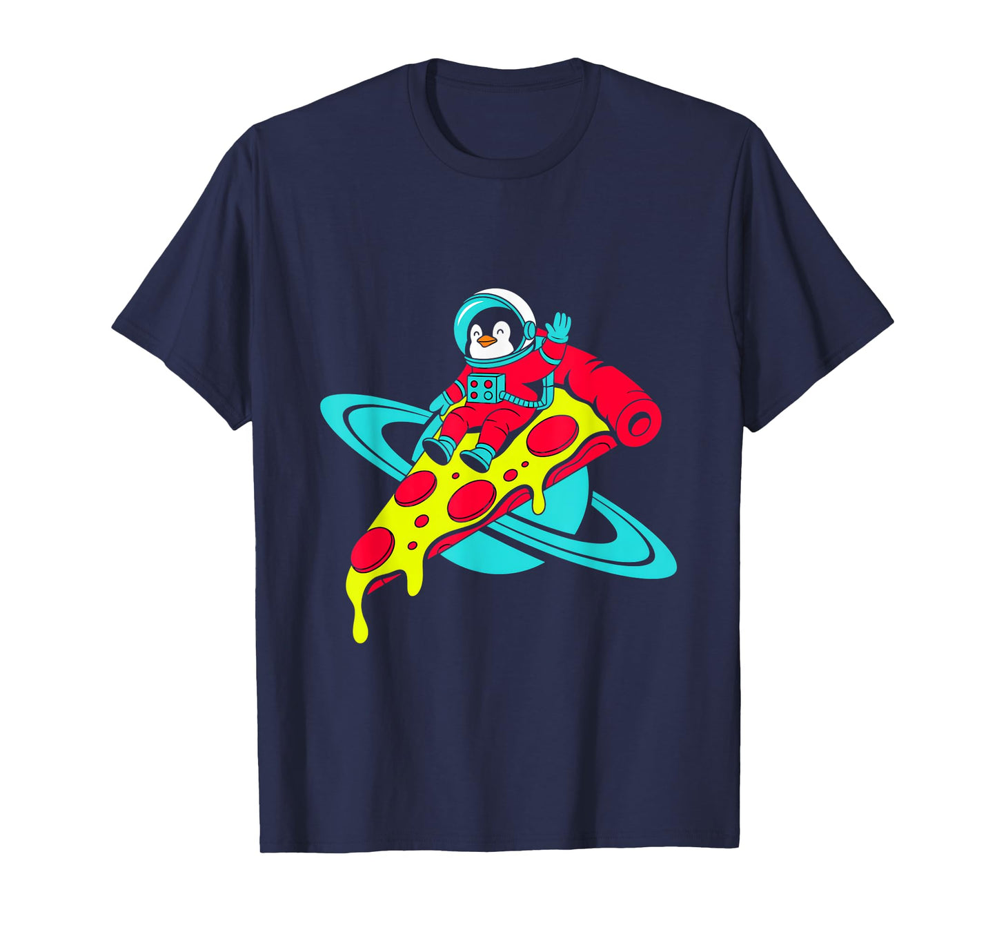 Penguin Astronaut Riding Pizza in Space T-Shirt