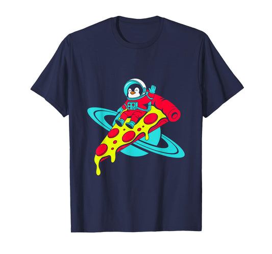 Penguin Astronaut Riding Pizza in Space T-Shirt