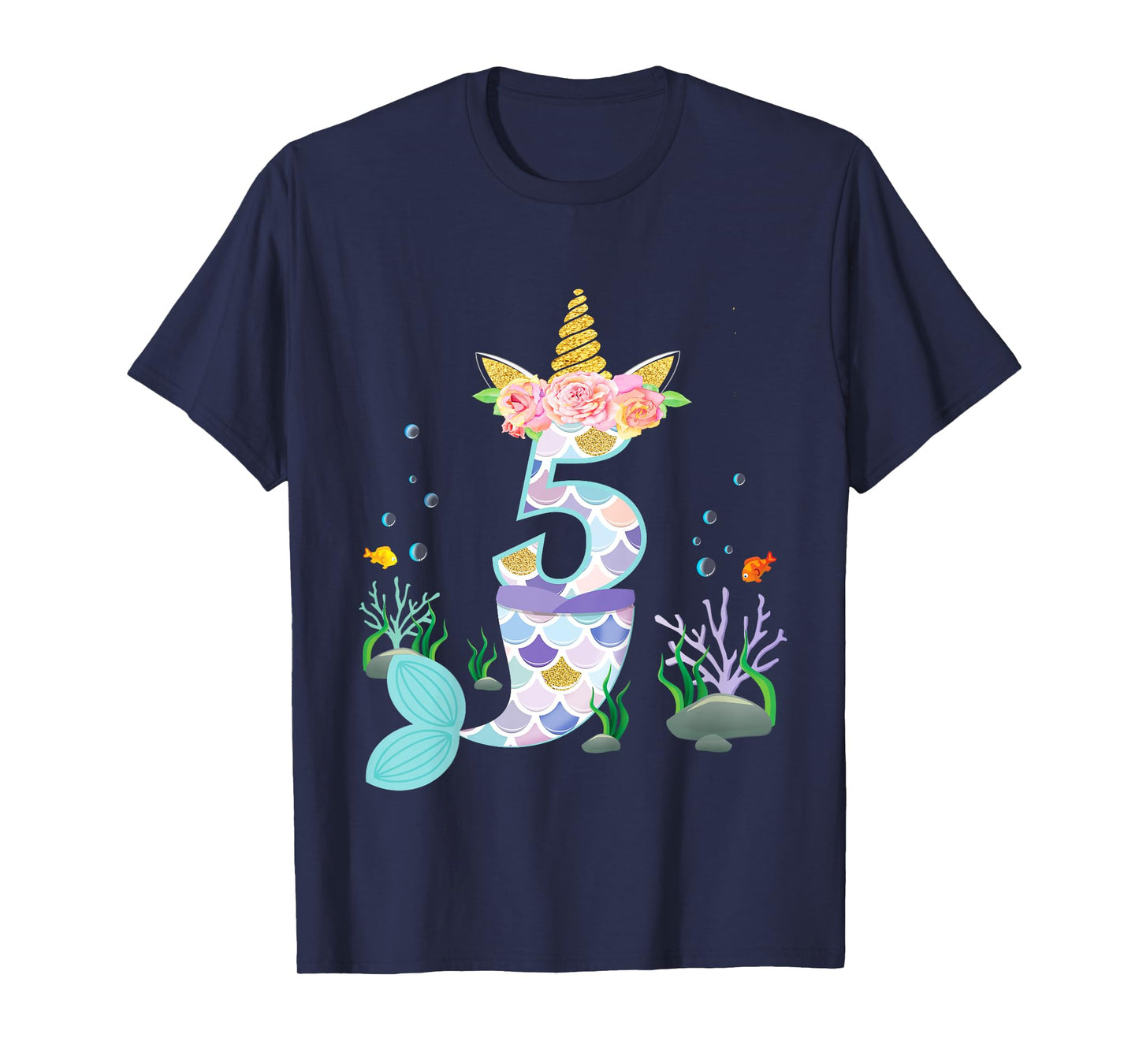 5 Year Old Unicorn Mermaid Birthday Theme Tail Girl 5th Gift T-Shirt