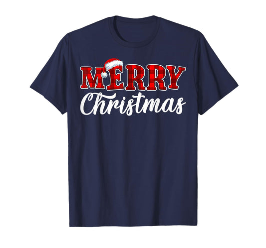 Merry Christmas Buffalo Plaid Red Santa Hat Xmas Pajamas T-Shirt