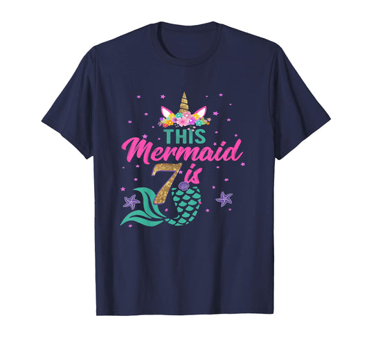 Kids 7th Birthday Girl Unicorn Shirt Mermaid Tail 7 Years Old T-Shirt