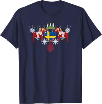 Sweden flag heart Swedish dala horses Christmas Santa Lucia T-Shirt