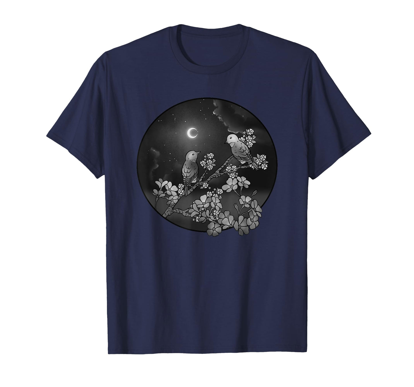 Blossoms Birds on Flowering Tree Starry Sky Crescent Moon T-Shirt