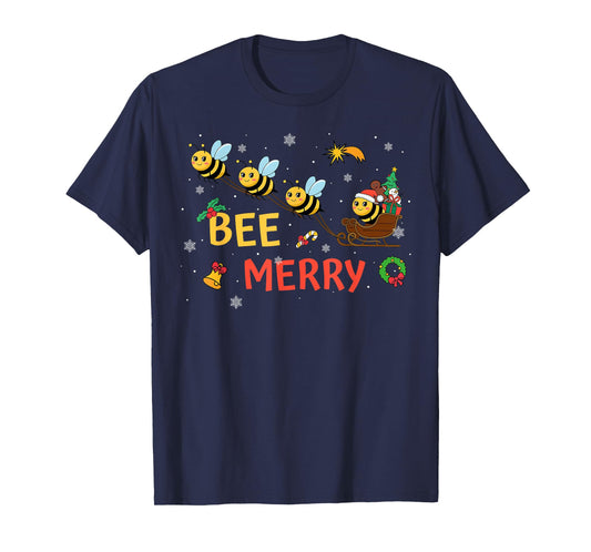 Bee Merry Christmas Beekeeper Xmas Holiday Santa Sleigh Ride T-Shirt