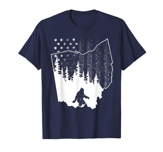 Ohio Bigfoot American Flag Sasquatch Usa Silhouette Ohio Map T-Shirt