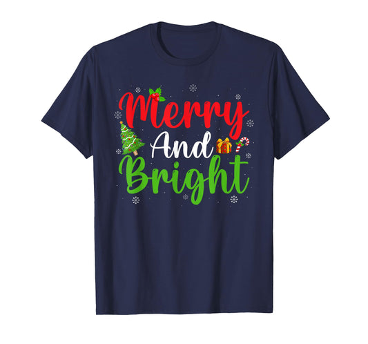 Merry and Bright Xmas Lights Family Men Women Christmas T-Shirt