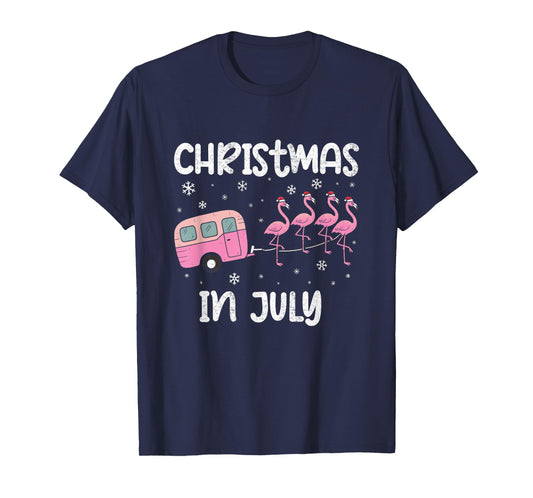 Christmas In July Flamingo Trailer Summer Xmas Camp Camper T-Shirt