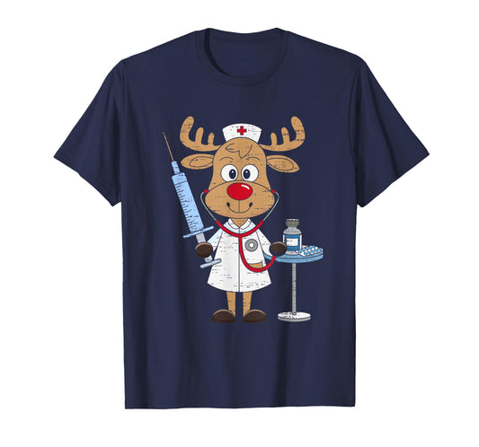 Reindeer Nurse Scrub Tops Christmas Stethoscope Nursing Xmas T-Shirt