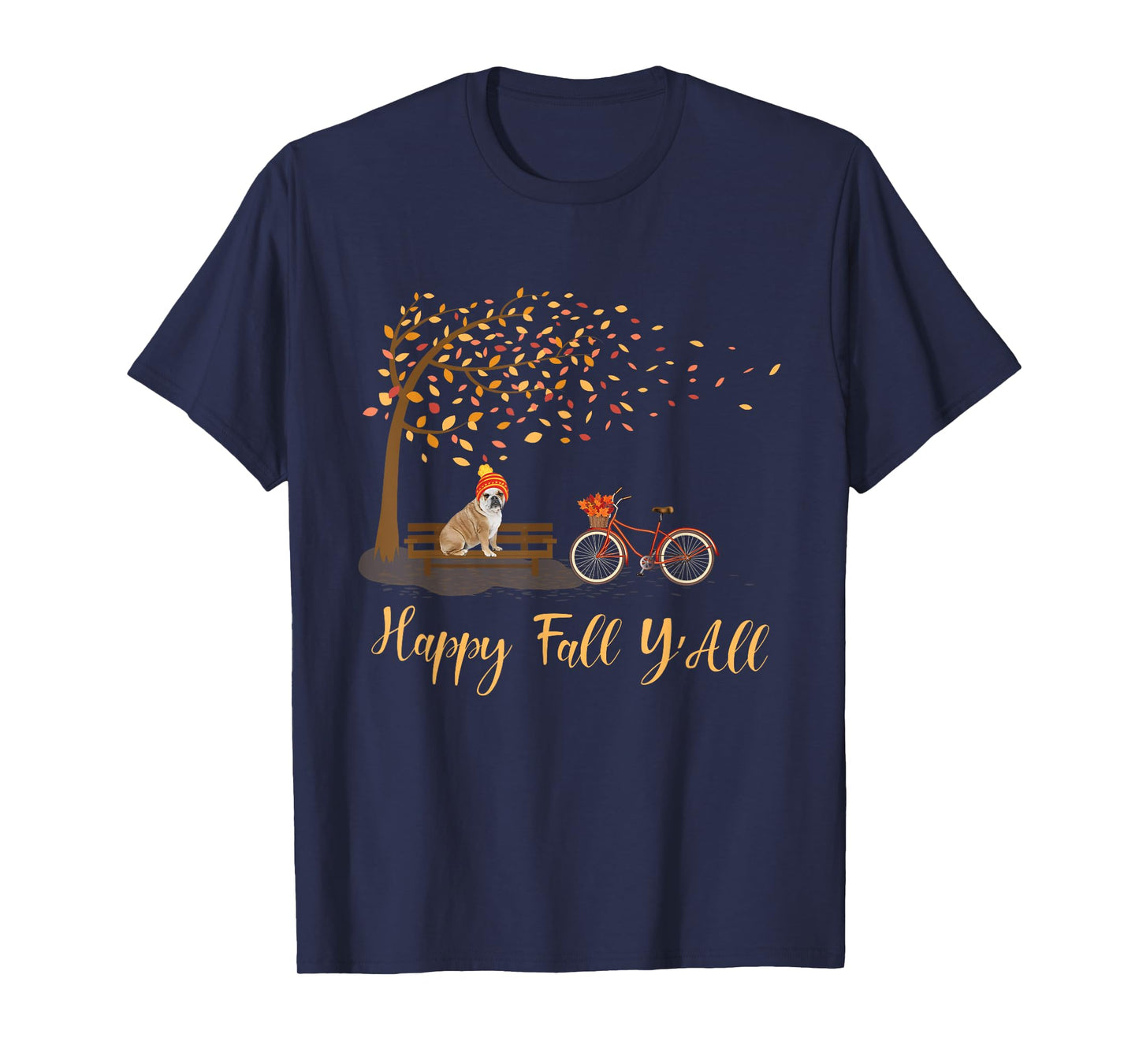 Happy Fall Y'All Funny English Bulldog Autumn Season Bicycle T-Shirt for Men Women Kids