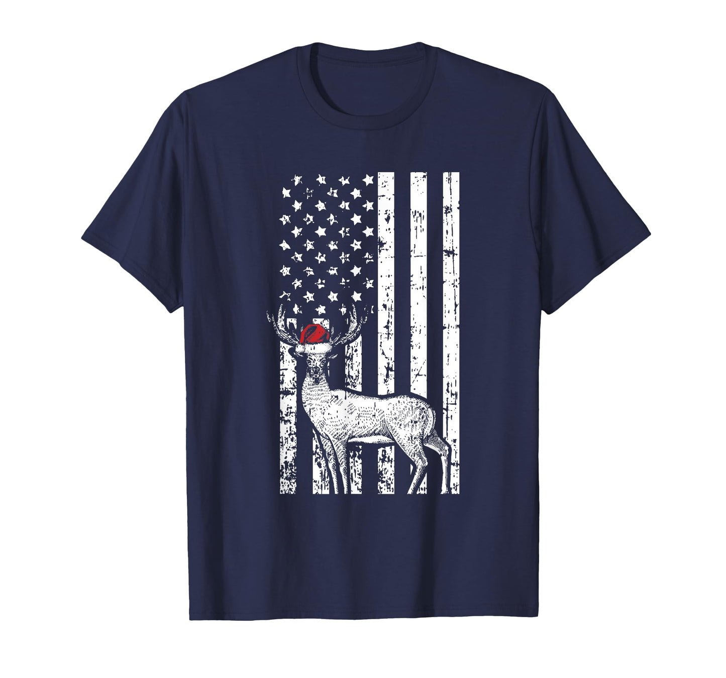 Deer Hunting Elk Santa Hat American Flag Christmas Gifts T-Shirt for Women Kids Men