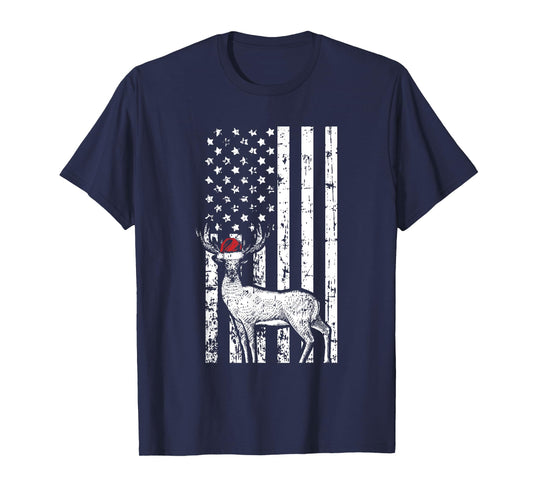 Deer Hunting Elk Santa Hat American Flag Christmas Gifts T-Shirt for Women Kids Men