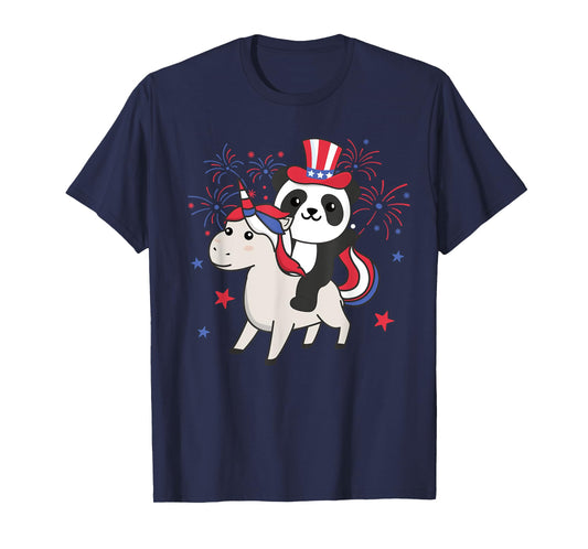 Panda With Unicorn For The Fourth Of July Fireworks For Kids T-Shirt