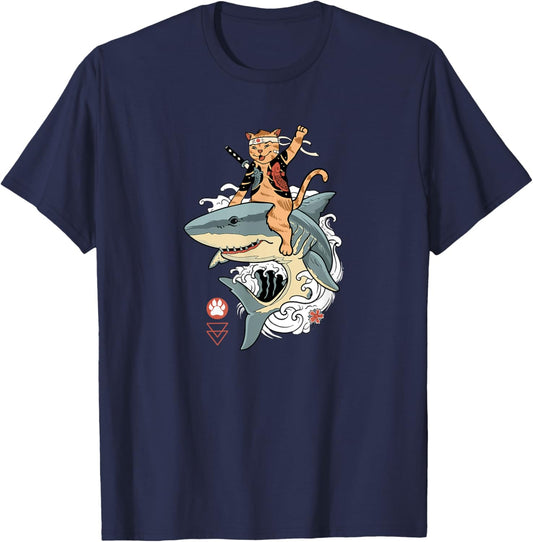 Samurai Cat Riding a Shark, Cat Warrior with Japanese Katana T-Shirt