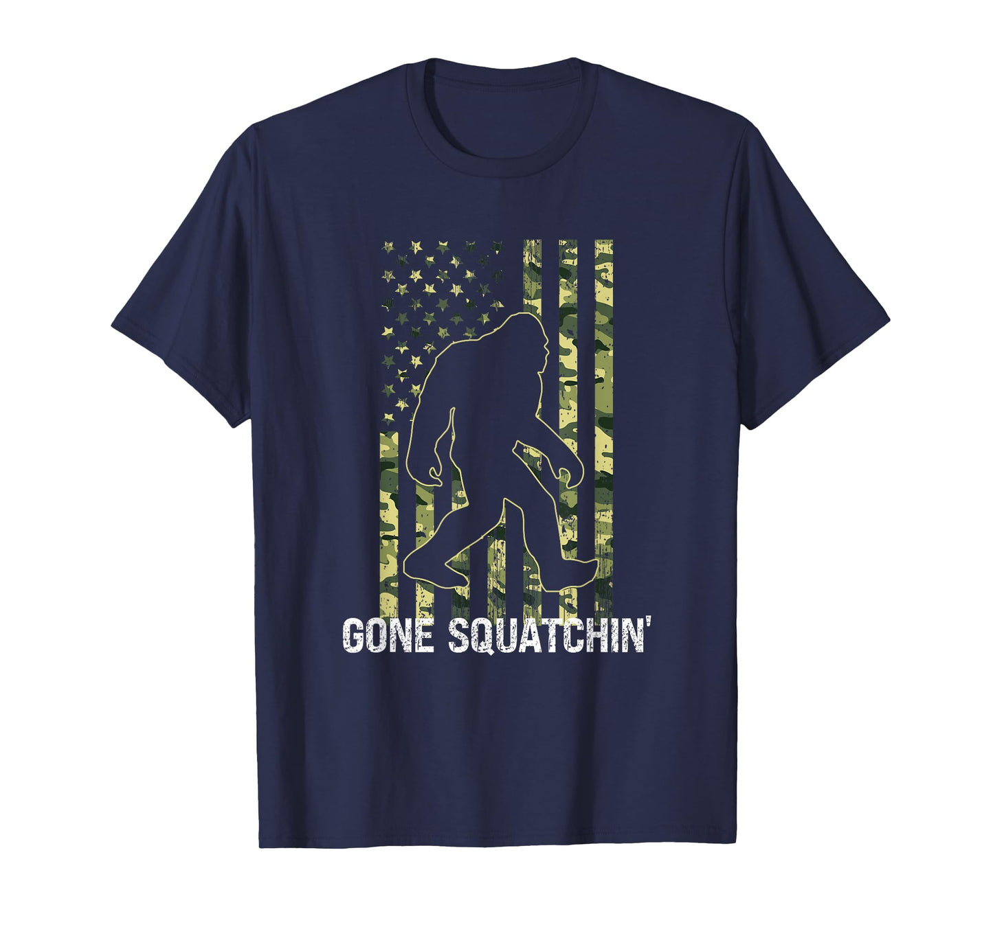 Gone Squatchin' Funny Bigfoot American Flag Camo Sasquatch T-Shirt for Women Kids Men